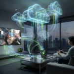 Cloud gaming interface showing GeForce NOW streaming Hogwarts Legacy on multiple devices