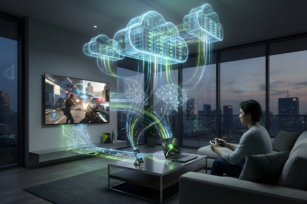 Cloud gaming interface showing GeForce NOW streaming Hogwarts Legacy on multiple devices