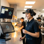 Burger King employee wearing headset drive-thru counter AI assistant Patty monitoring workplace surveillance