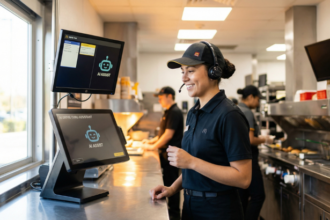 Burger King employee wearing headset drive-thru counter AI assistant Patty monitoring workplace surveillance