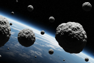 Near-Earth asteroid passing Earth illustration NASA planetary defense
