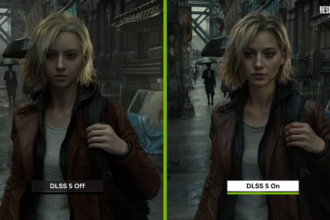 DLSS 5 AI rendering comparison showing photorealistic lighting on RTX 50 series GPU