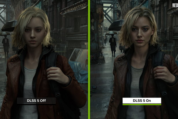 DLSS 5 AI rendering comparison showing photorealistic lighting on RTX 50 series GPU