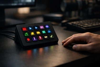 Elgato Stream Deck AI device with customizable buttons glowing