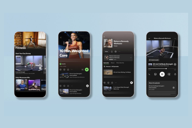 Spotify Peloton guided workouts Fitness hub app interface 2026