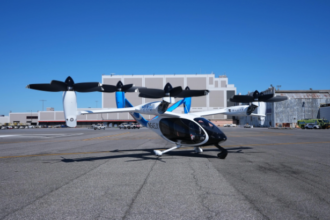 Electric air taxis performing a demonstration flight before commercial launch