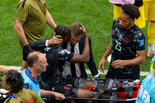 Ismael Kone injury stretchered off Canada Qatar World Cup 2026 BC Place