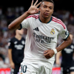 Kylian Mbappé celebrates after scoring during Real Madrid vs Real Sociedad