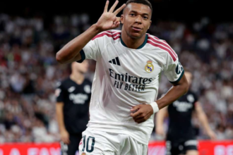Kylian Mbappé celebrates after scoring during Real Madrid vs Real Sociedad