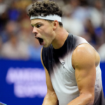 Ben Shelton celebrates after defeating Carlos Alcaraz at the 2026 US Open