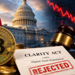 Cryptocurrency trading screens and financial market data following the Clarity Act Senate vote.