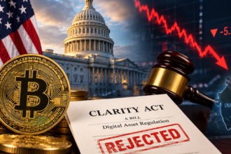Cryptocurrency trading screens and financial market data following the Clarity Act Senate vote.