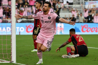 Lionel Messi celebrates his 100th goal for Inter Miami in the 2026 Campeones Cup final against Cruz Azul