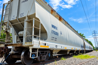 U.S. intermodal rail freight containers on American railroad