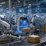 AI in US manufacturing with industrial robots on a factory production line