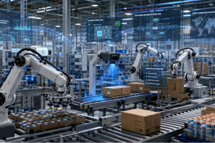 AI in US manufacturing with industrial robots on a factory production line