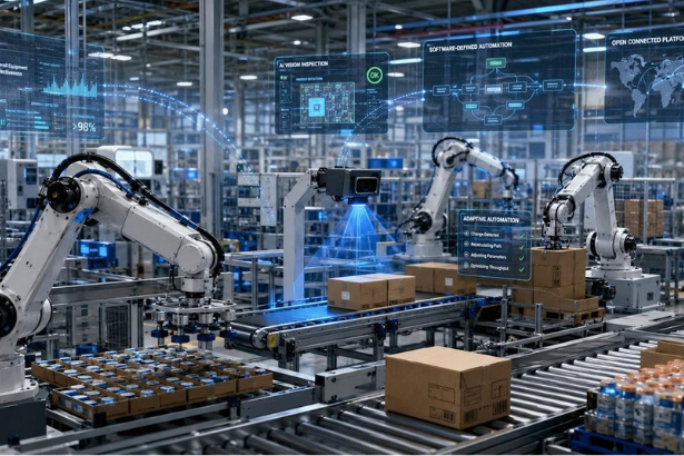 AI in US manufacturing with industrial robots on a factory production line