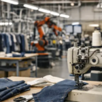 American apparel manufacturing workers operating knitting and sewing equipment in a textile factory