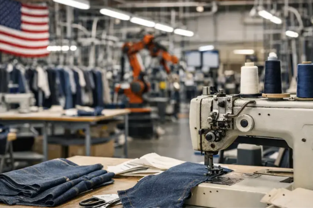 American apparel manufacturing workers operating knitting and sewing equipment in a textile factory