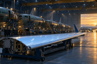 Boeing aircraft on an assembly line during commercial aircraft manufacturing