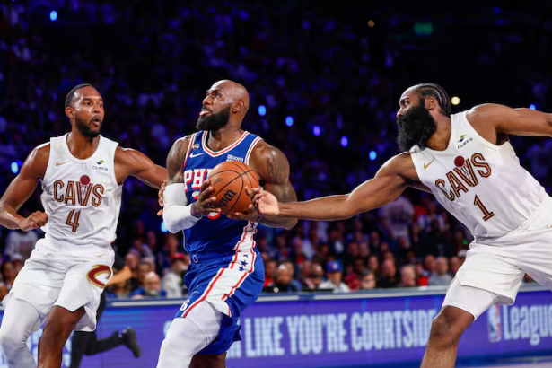 Cavaliers and 76ers players during their October 22, 2026 NBA game