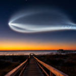 SpaceX rocket launch Falcon 9 creates a glowing space jellyfish plume in the sky