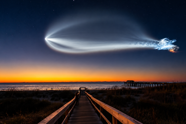 SpaceX rocket launch Falcon 9 creates a glowing space jellyfish plume in the sky