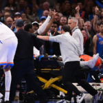 Jalen Williams injury as the Oklahoma City Thunder guard is taken off the court on a stretcher