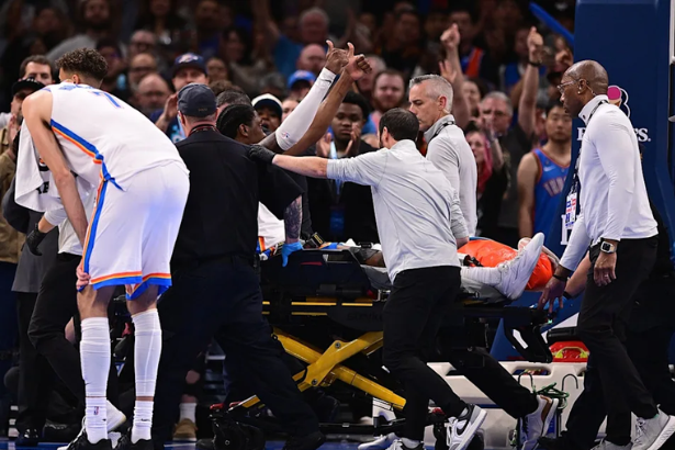 Jalen Williams injury as the Oklahoma City Thunder guard is taken off the court on a stretcher