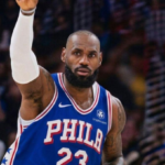 LeBron James in a Philadelphia 76ers uniform during the 76ers vs Knicks game