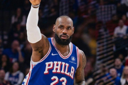 LeBron James in a Philadelphia 76ers uniform during the 76ers vs Knicks game