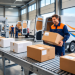 Parcel shipping costs and packages at a distribution center