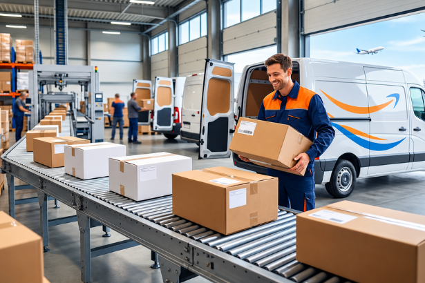 Parcel shipping costs and packages at a distribution center