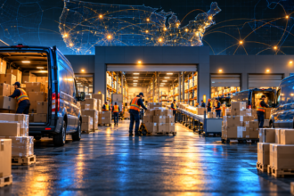 U.S. holiday shipping 2026 with parcel delivery workers sorting ecommerce packages