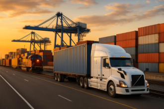 U.S. logistics trends Q4 2026 showing trucks, rail containers and freight operations