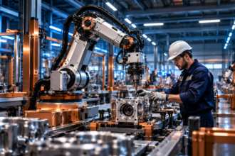 U.S. manufacturing reshoring 2026 with workers and machinery inside an American factory