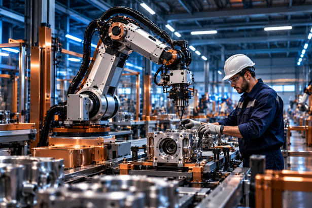 U.S. manufacturing reshoring 2026 with workers and machinery inside an American factory
