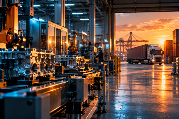 American manufacturing facility with production machinery and workers