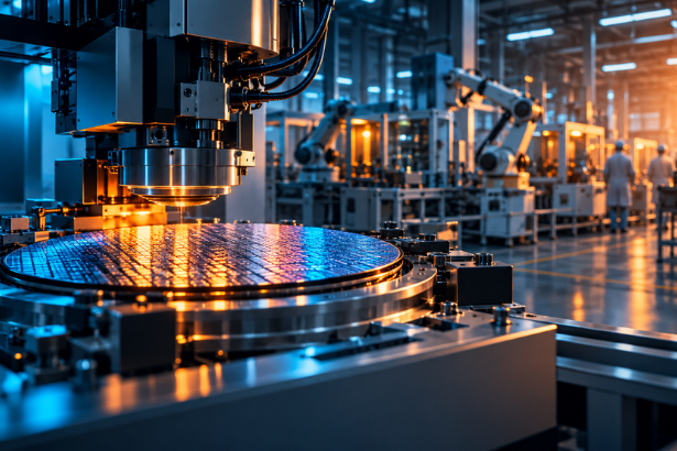 American factory production line with industrial machinery and workers